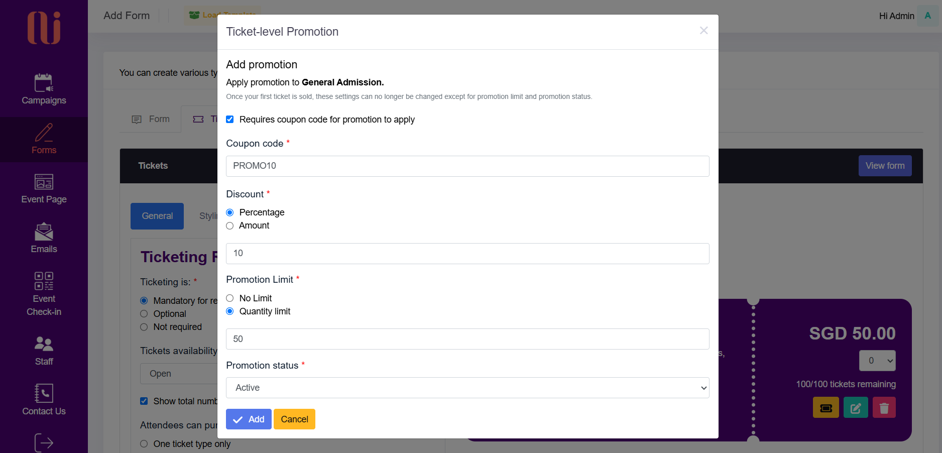 Ticket-level promotion settings